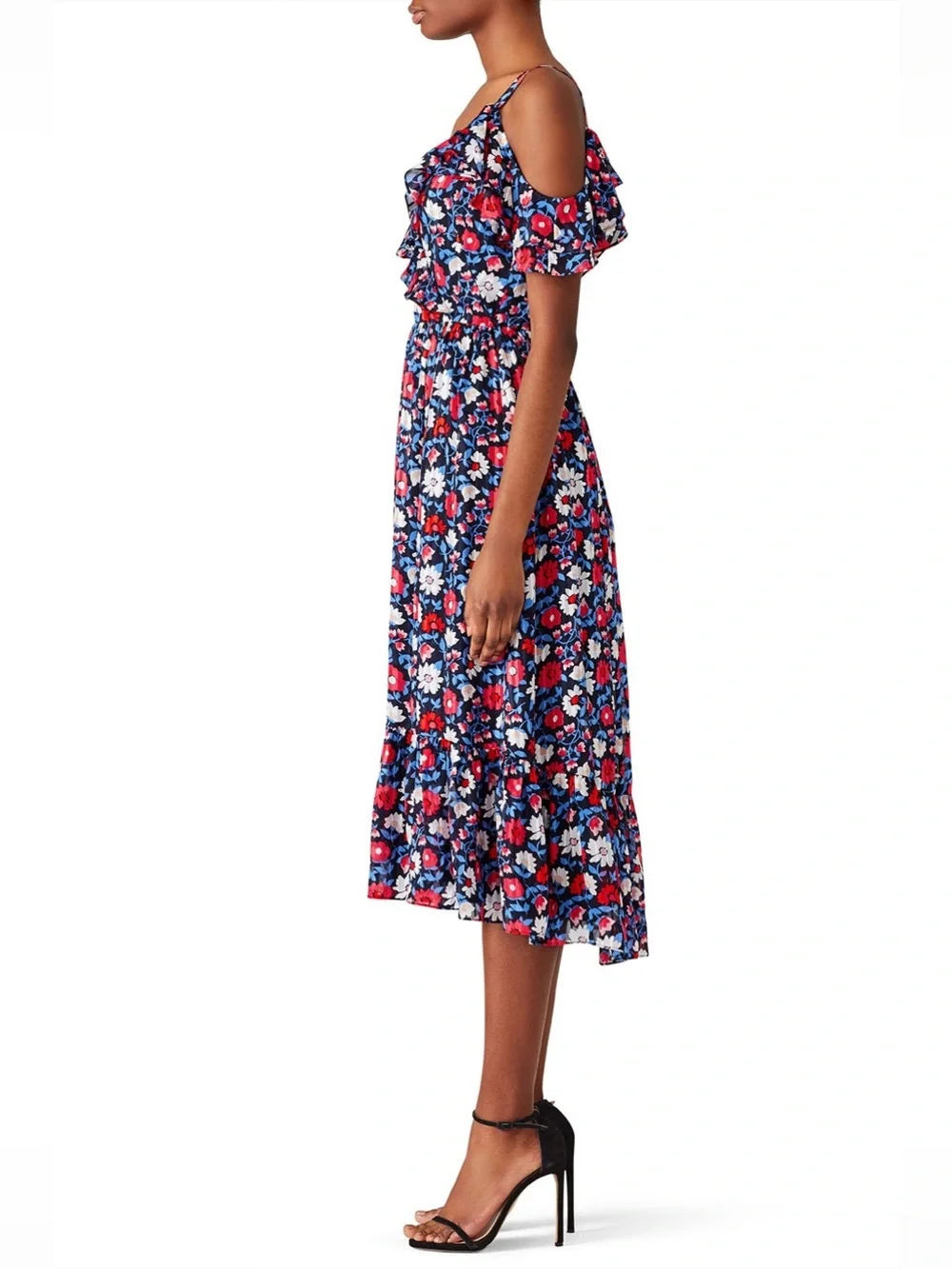 Kate Spade Navy Floral Cold Shoulder Ruffle Midi Dress - Sz 2